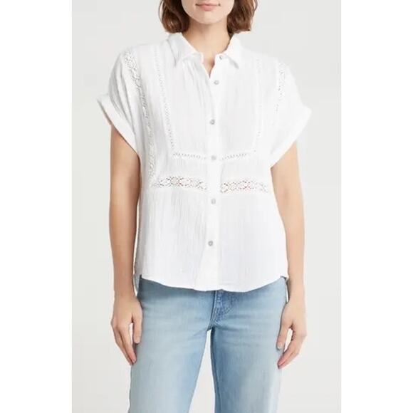 NWT Lucky Brand Inset Lace Short Sleeve Button-Up Shirt Size XL - Picture 1 of 8
